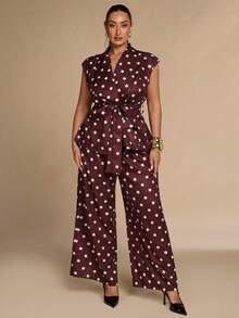 SHEIN BAE CURVE Plus Size Women's Business Polka Dot Tie-Up Jacket And Loose Long Pants Suit Set - Multicolor - View 2