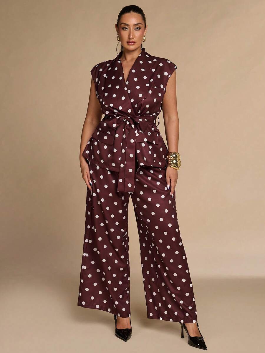 SHEIN BAE CURVE Plus Size Women's Business Polka Dot Tie-Up Jacket And Loose Long Pants Suit Set