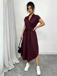 SHEIN Raffinéa Women's Solid Color Waist Knot Casual Party Dress - Burgundy - View 3