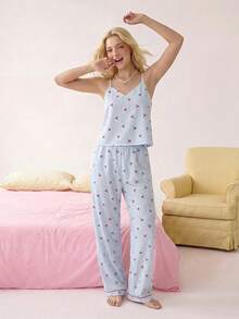 Eraneu Women's Bubble Crinkle Striped Cherry Print Camisole & Pants Pajama Set - Blue - View 4