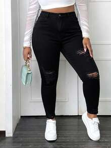 CurvyTilda Plus Size Women's Ripped Slim Fit Jeans Casual Vacation - Black - View 2