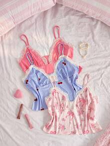 Slumberry CURVE Set Piyama Wanita Ukuran Plus Y2K Manis & Imut dengan Motif Bunga, Pita, dan Garis-garis Ceri, 3 Potong - MultiWarna - View 1