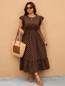 SHEIN Essnce 休閒百搭優雅棕色波點圖案大尺碼荷葉袖洋裝，適合派對、約會、晚宴 - 彩色 - 查看 5