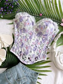 Soleia 女款浪漫度假上衣 春夏款 雛菊刺繡紋理印花 3D花卉裝飾 Bustier 適合休閒約會 情人節 下午茶 公路旅行 城市度假 音樂節 派對 波希米亞嬉皮風 西部風 可內穿外穿 全季日常通勤 - 淡紫色 - 查看 3