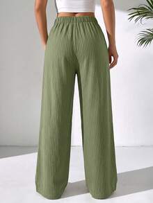 Solflare Spring/Summer Vacation Style Linen Drawstring Tie Pants Plus Size - Army Green - View 2