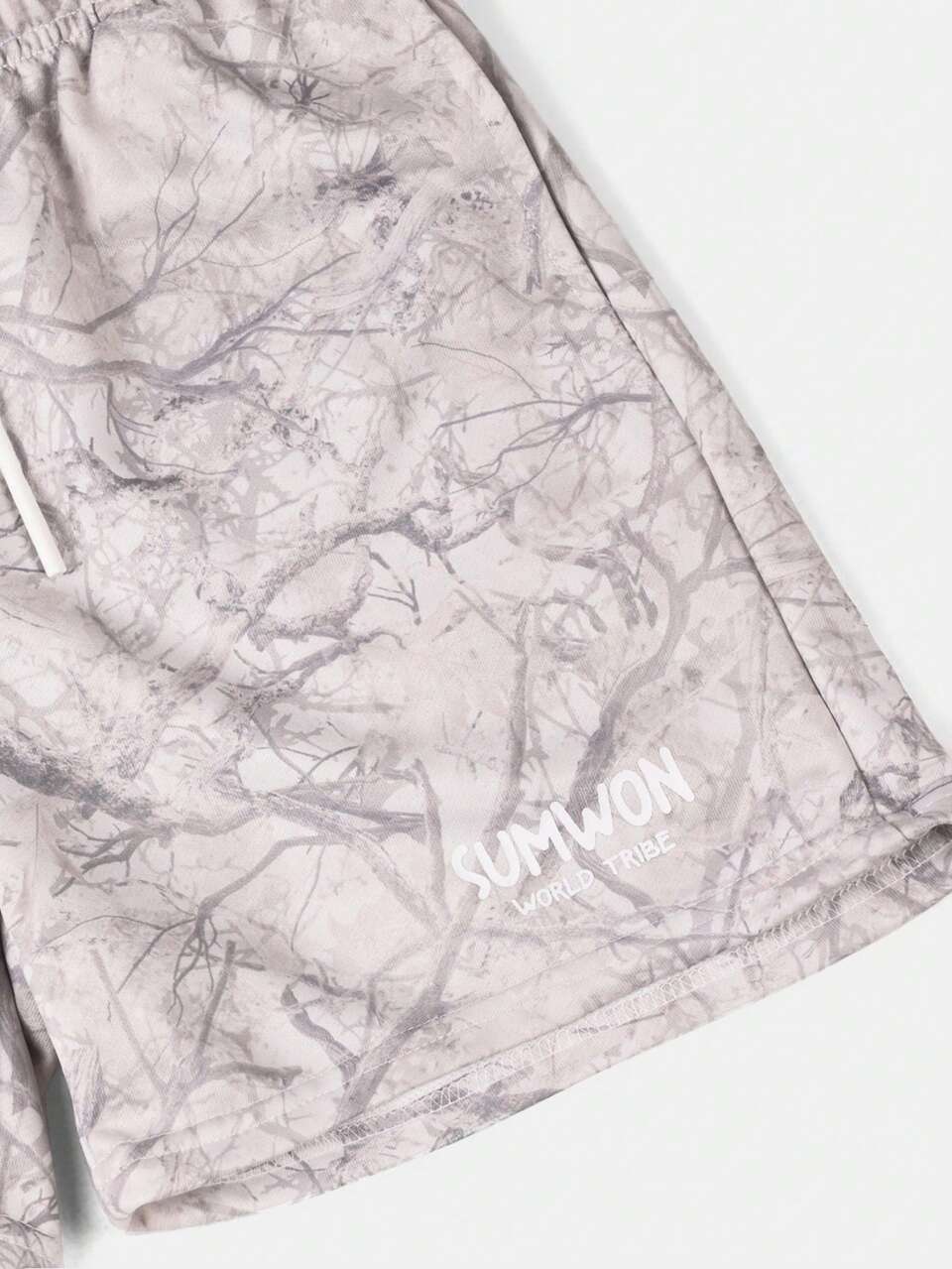 Shorts com Cintura Elástica e Cordão para Meninos com Estampa de Galhos de Árvore em Toda a Peça e Detalhe de Logotipo, Roupa Casual de Verão