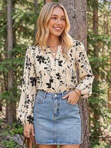 Coeurva Women's White Floral Blouse V-Neck Long Sleeve Floral Print Button Front Closure Fall Autumn Elegant Refined Outdoor Versatile Evening Vacation - Multicolor - View 8