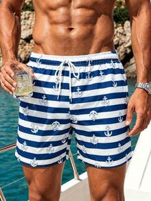 Maristyn Pantalones cortos de playa para hombre con estampado de ancla y rayas de bloques de color - Azul - Ver 3