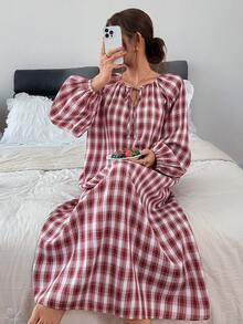 Livesso 女款簡約百搭格紋綁帶寬鬆休閒居家洋裝 秋季 - 紅色 - 查看 8