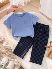 Baby Boy Solid Color Short Sleeve Pocket Top And Plaid Long Pants Loungewear - Blue - View 1