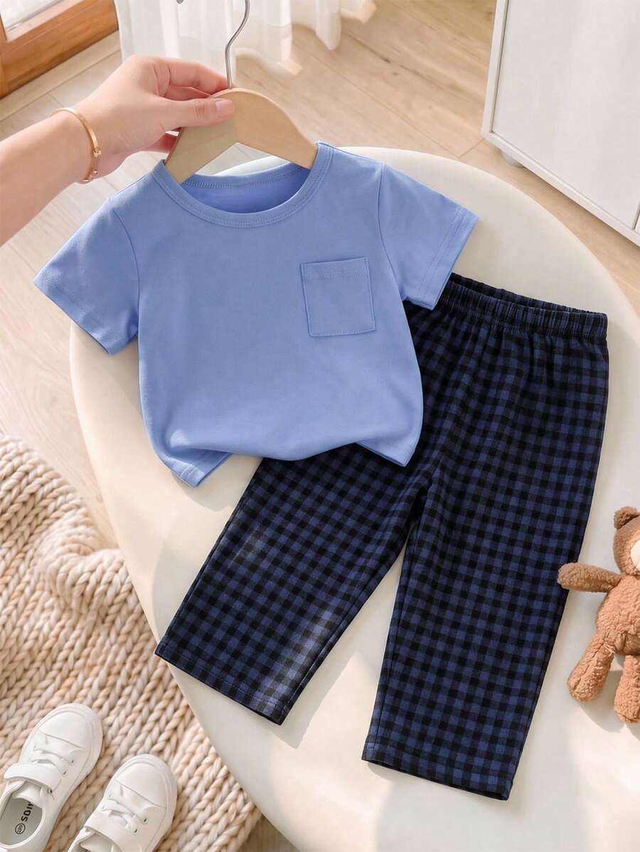 Baby Boy Solid Color Short Sleeve Pocket Top And Plaid Long Pants Loungewear - Blue - View 1