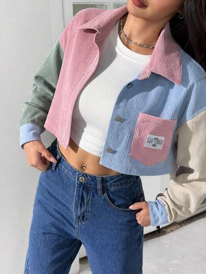 SHEIN EZwear Women's Fashion Minimalist Ribbed Denim Single-Breasted Cropped Jacket