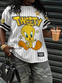 LOONEY TUNES X SHEIN Plus Size Summer Casual Striped Cartoon Pattern Short Sleeve T-Shirt - White - View 9