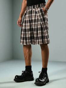ROMWE MEN Street Life Men's Casual Pocket Button Pleated Plaid Shorts - Khaki - View 6