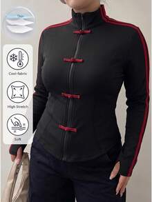 Muchica Plus Size Women's Casual Jacket With Frog Button Design And Zipper Front Black Autumn Fall - Black - View 3