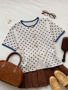 Comfortcana Women's Polka Dot Short Sleeve Single-Breasted Thin Cardigan Sweater Pink Dots Trim Design School Summer Cute - Multicolor - View 5