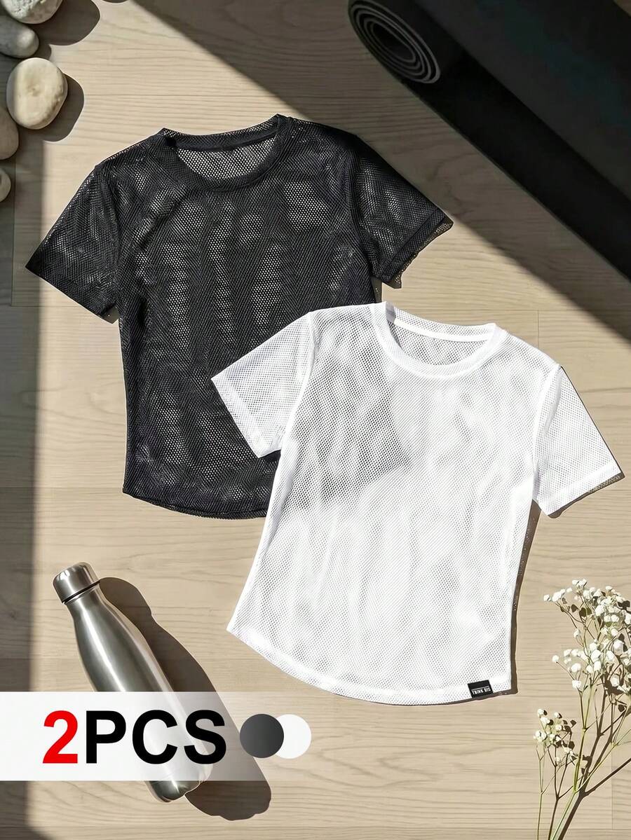Cheerettes Women's Solid Color Round Neck Casual Versatile Daily Travel Sports Short Sleeve T-Shirt 2pcs/Pack - Black and White - View 1