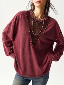 Bohemela Casual Grunge Solid Color Knit Round Neck Long Sleeve Loose Washed Women's Sweatshirt Concert Burgundy Autumn - Burgundy - View 5