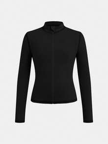 SHEIN Serisse Kids Tween Girl Casual Modest All Black Line Yoga Sports Slim Fit Zip-Up Stand Collar Knit Solid Color Top High Waist Leggings Set Summer - Black - View 8