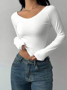 SHEIN BASICS 女士休闲深V领修身长袖T恤，适合秋冬季，95%纯棉 - 白色 - 查看 3