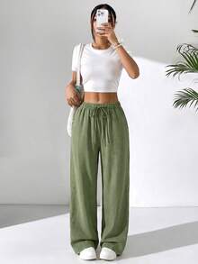 Solflare Spring/Summer Vacation Style Linen Drawstring Tie Pants Plus Size - Army Green - View 7