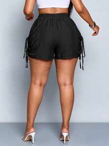 SOLERSUN Plus Size Women's Solid Color Side Tie Pocket Casual Shorts - Black - View 5