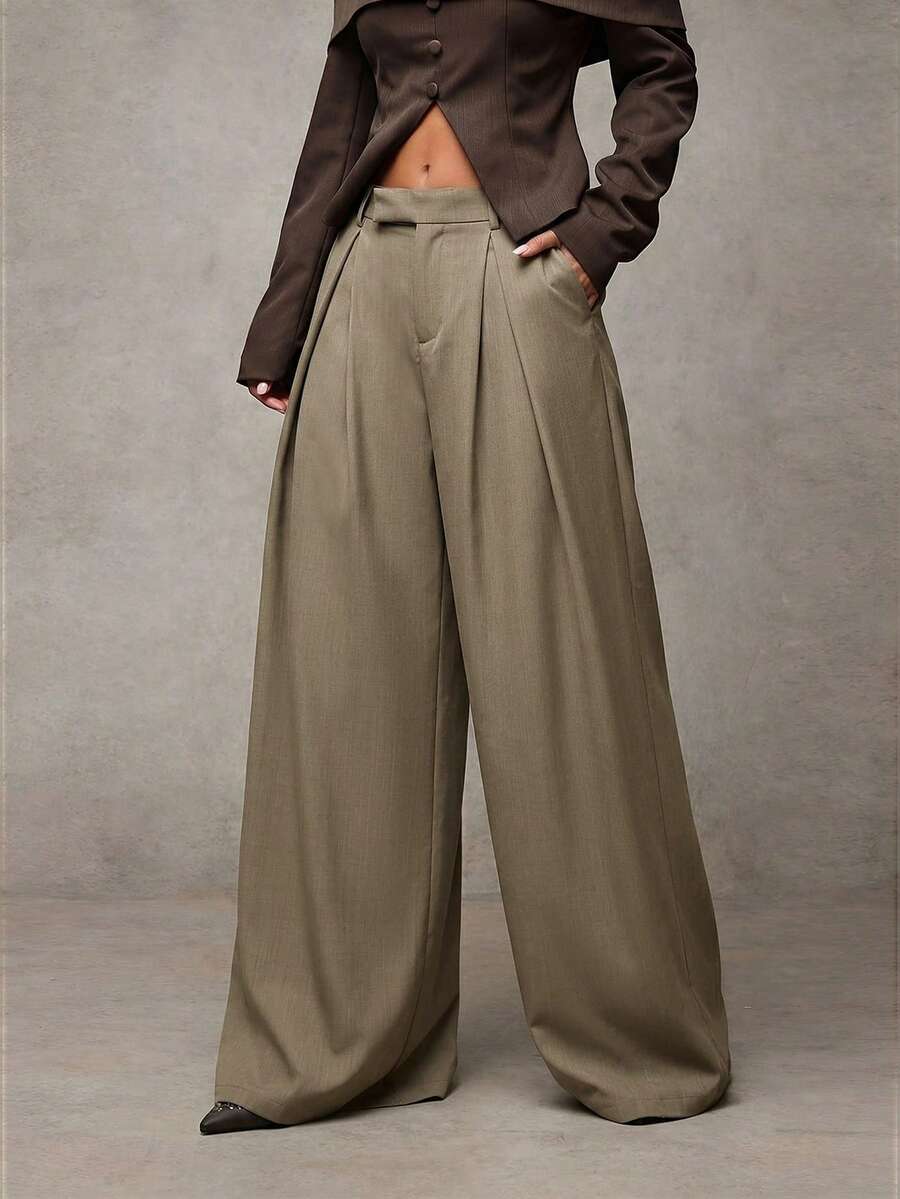 SHEIN BAE Women's Casual Everyday Pleated Wide Leg Pants - Army Green - View 1