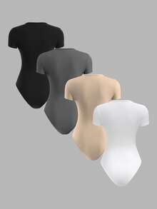 SHEIN BASICS 4件裝女款素色針織圓領短袖修身連身衣，休閒極簡基礎夏季日常穿搭，黑色、灰色、米色、白色 - 彩色 - 查看 3