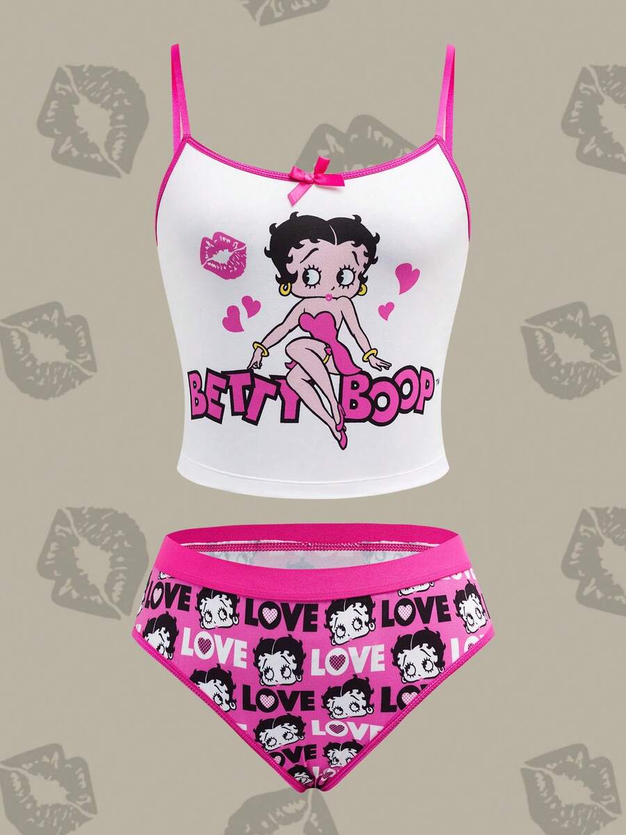 Betty Boop x SHEIN 女士卡通人物字母印花撞色包边蝴蝶结细节文胸和内裤套装 - 玫紅色 - 查看 1