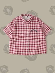 Betty Boop x SHEIN Plus Size Women Plaid Short Sleeve Casual Shirt, - Red and White - View 2