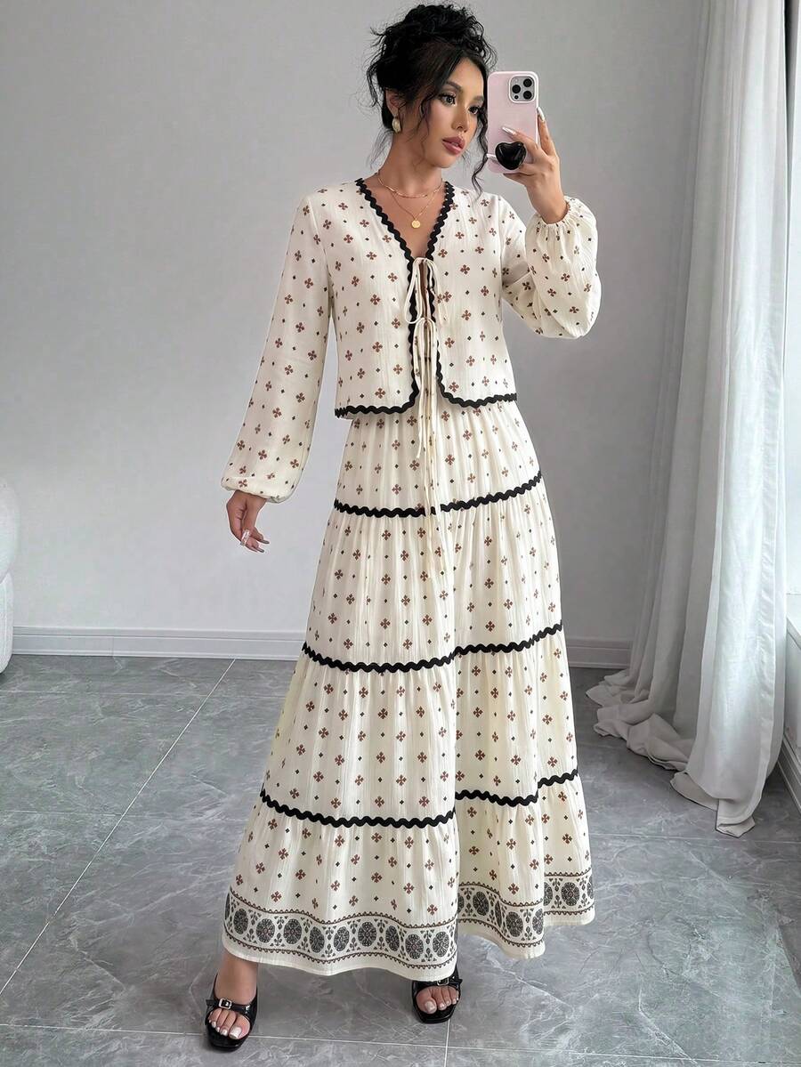 SHEIN Raffinéa 法式優雅燈籠袖 3D 波浪荷葉邊蝴蝶結長袖上衣 + 裙子兩件套 波希米亞風印花杏色
