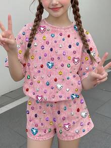Tween女孩休閒極簡可愛甜美波點亮面紋理愛心印花，鈷藍色系，短袖短褲兩件套，適合夏季舒適春夏風格，圖案，Kawaii - 彩色 - 查看 2