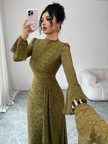 Modelyn French Design Lace Semi-High Neck Ribbon Cinched Waist Ruched Women's Dress - Olive Green - View 4