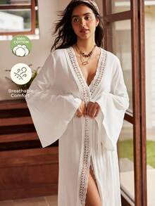 Lullawish Jubah Panjang Rajut Katun Kasual Gaya Bohemian untuk Liburan Wanita - Putih - View 1