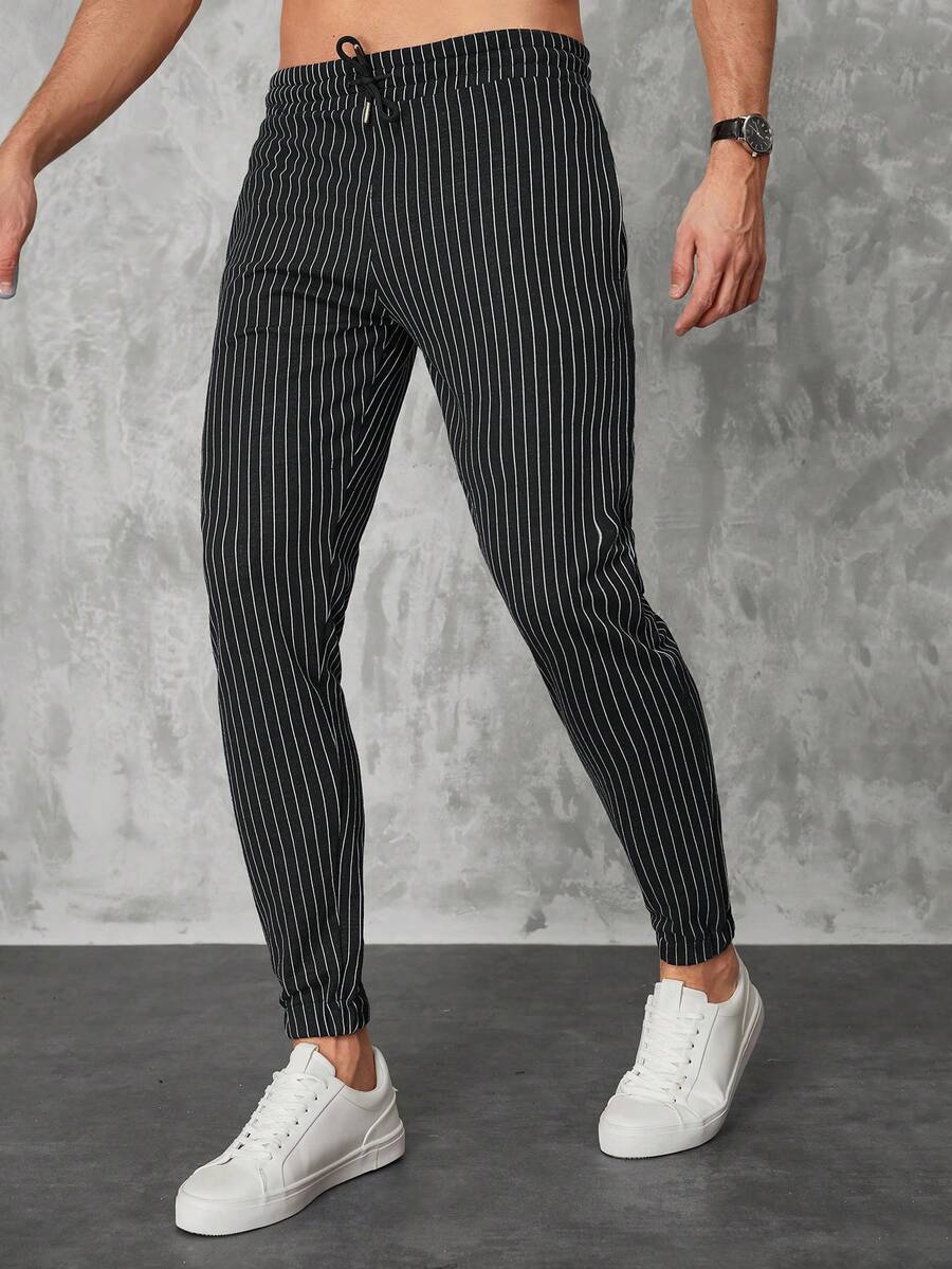 SHEIN Cottnline Men Striped Print Drawstring Waist Trousers - Black - View 1
