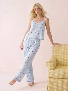Eraneu Women's Bubble Crinkle Striped Cherry Print Camisole & Pants Pajama Set - Blue - View 3