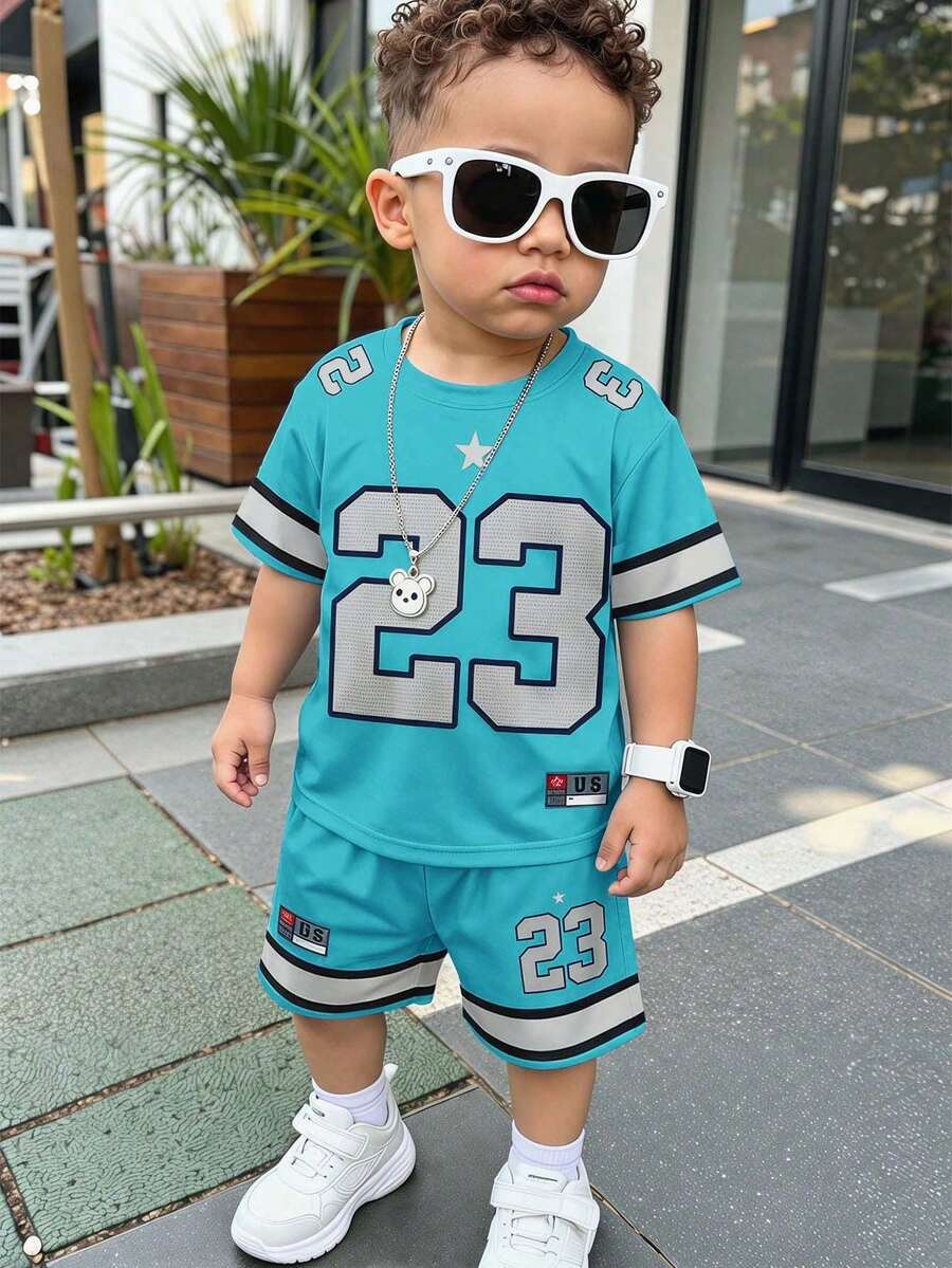SHEIN 男嬰休閒極簡數字印花T恤短褲套裝，適合夏季 - 彩色 - 查看 1