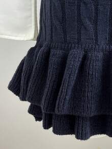 Elamini Minimalist Cute Sweet Women's Autumn Round Neck White Navy Blue Cable Knit Ruffle Hem Sweater Dress Back-To-School Everyday School - Royal Blue - View 7