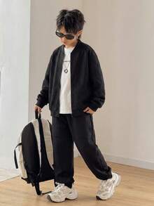 SHEIN 兒童青少年男孩休閒百搭紋理布料黑色酷感棒球夾克外套，適合通勤、上學、日常休閒外出、運動，秋冬穿著 - 黑色 - 查看 6