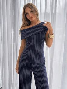 Siren Gaze Women Summer Casual Striped Foldover Asymmetric Collar Fitted Top Wide Leg Pants 2 Sets Elegant Going Out Vacation Y2k Work Office Business - Navy Blue - View 8