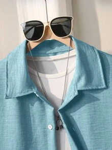 SHEIN 青少年男孩夏季休閒純色襯衫與短褲兩件套 - 綠色 - 查看 4
