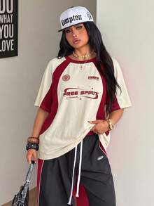 Coolane Women's & Men's Plus Size Summer Streetwear Oversized Racing Motorcycle Print Color Block Raglan Sleeve Jersey T-Shirt - Beige - View 5