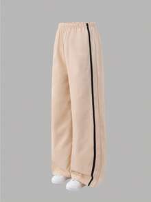 SHEIN Sparklyn Teen Girls Straight Classic Casual Pants, Spring/Autumn, Double-Layer Waistband, Simple And Comfortable Sweatshirt Fabric, Summer, Minimalist, Solid - Apricot - View 3