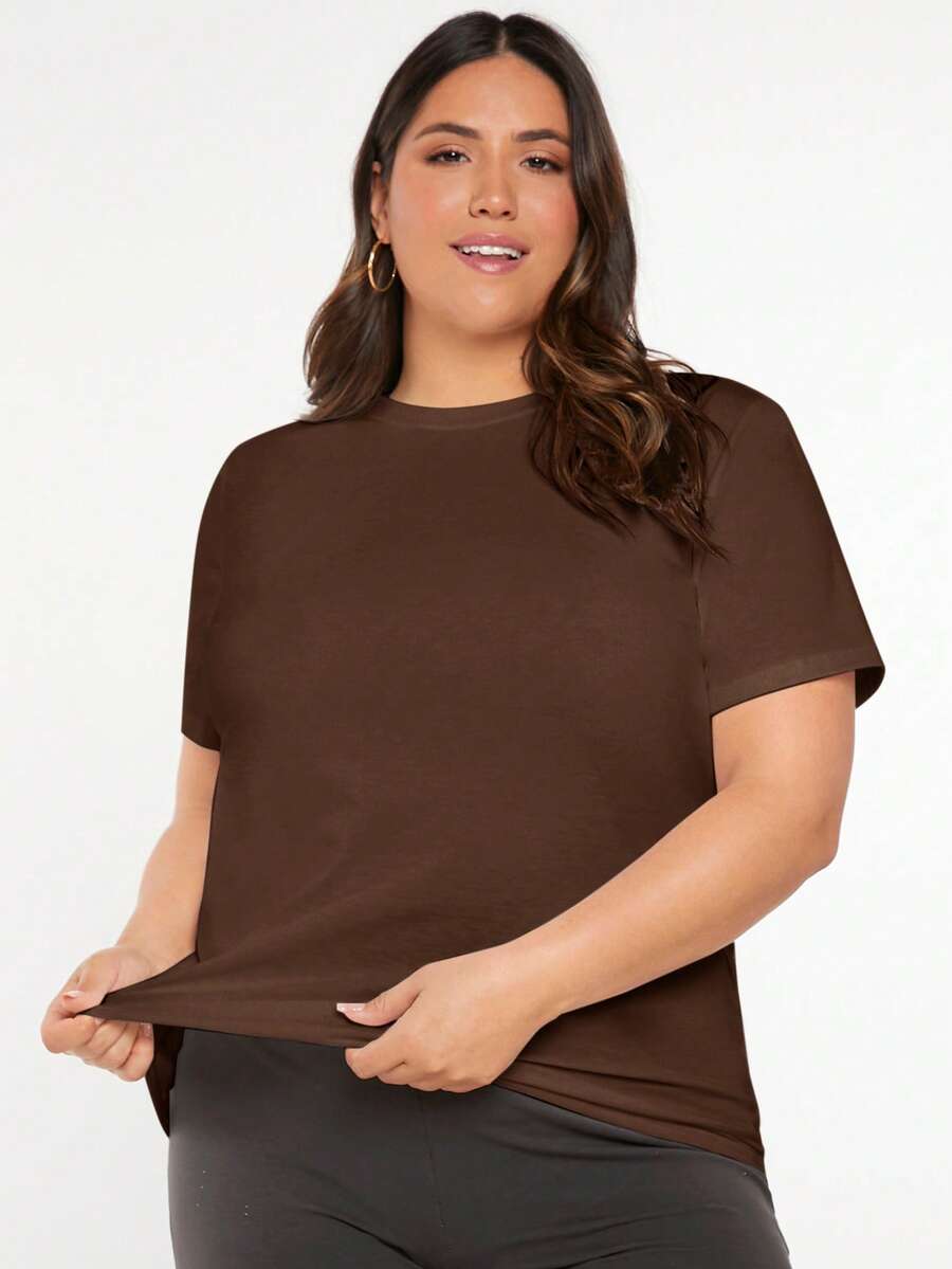 SHEIN BASICS 大尺碼純色圓領T恤夏季上衣 - 咖啡棕 - 查看 1