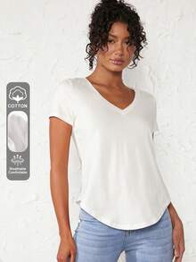SHEIN BASICS Women Solid V-Neck Short Sleeve Casual Top, Everyday Wear Tops For Women White Tops - White - View 10