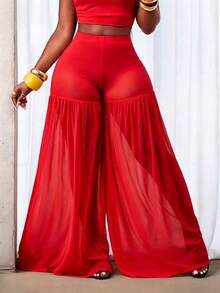 BamGleam Women's Solid Color Elastic Waist Wide Leg Mesh Sheer Long Pants - Red - View 3