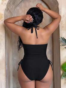 Slaydiva Conjunto de tankini con estampado floral de halter para vacaciones de verano de talla grande - Negro - Ver 2