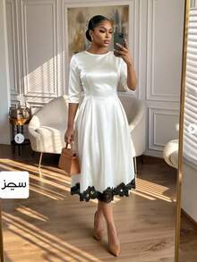 SHEIN Lady CURVE Plus Size Fashion Lace Patchwork Pleated Round Neck Dress Summer Wedding Formal Mother Of The Bride Formal Mother Of The Bride White Elegant Wedding - Multicolor - View 4