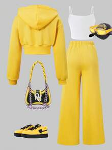 SHEIN ChillGRL 青少年女孩長袖抓絨秋冬純色保暖內裡拉鍊連帽外套、背心與寬腿褲休閒三件套，秋季穿搭 - 黃色 - 查看 2