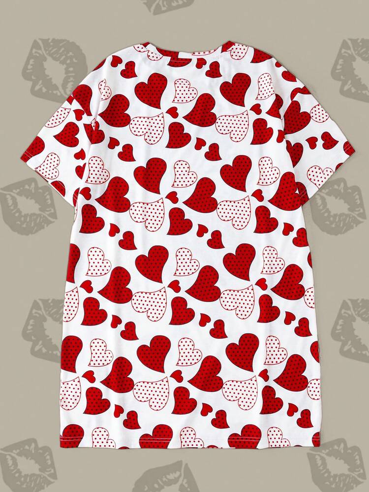 Betty Boop x SHEIN Women's Round Neck Cartoon Letter Print Casual Nightgown For Daily Wear - Red and White - View 2